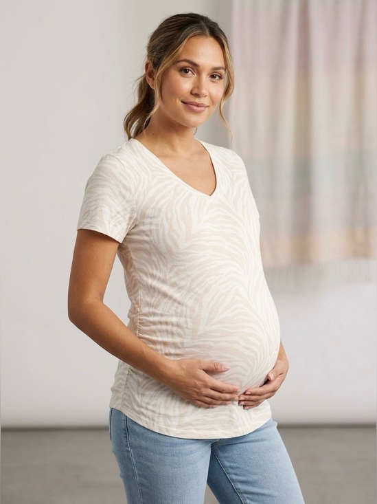 Isabel Maternity by Ingrid & Isabel Tops - Isabel Maternity by Ingrid & Isabel Beige Zebra Print Side Ruched V-Neck Tee M